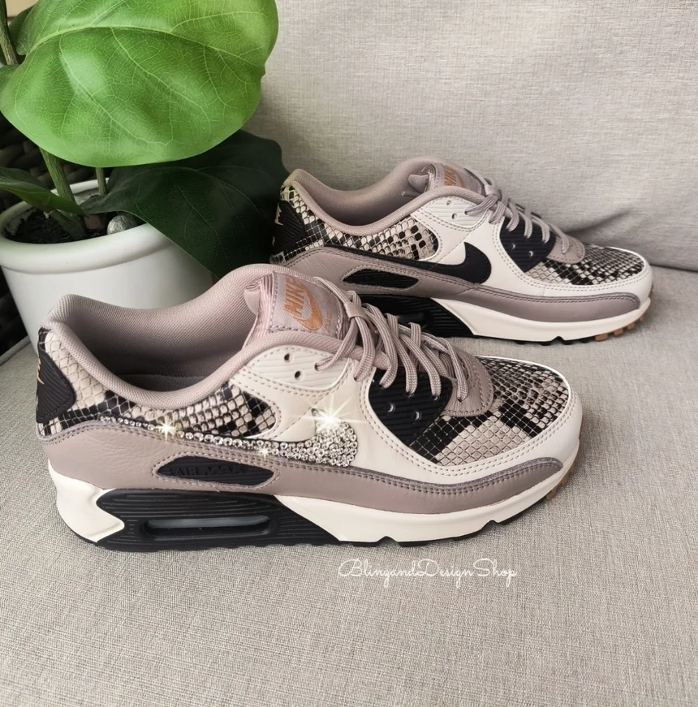 Bling Womens Nike Air Max 90 Animal Print Customized Sneakers With Crystals
